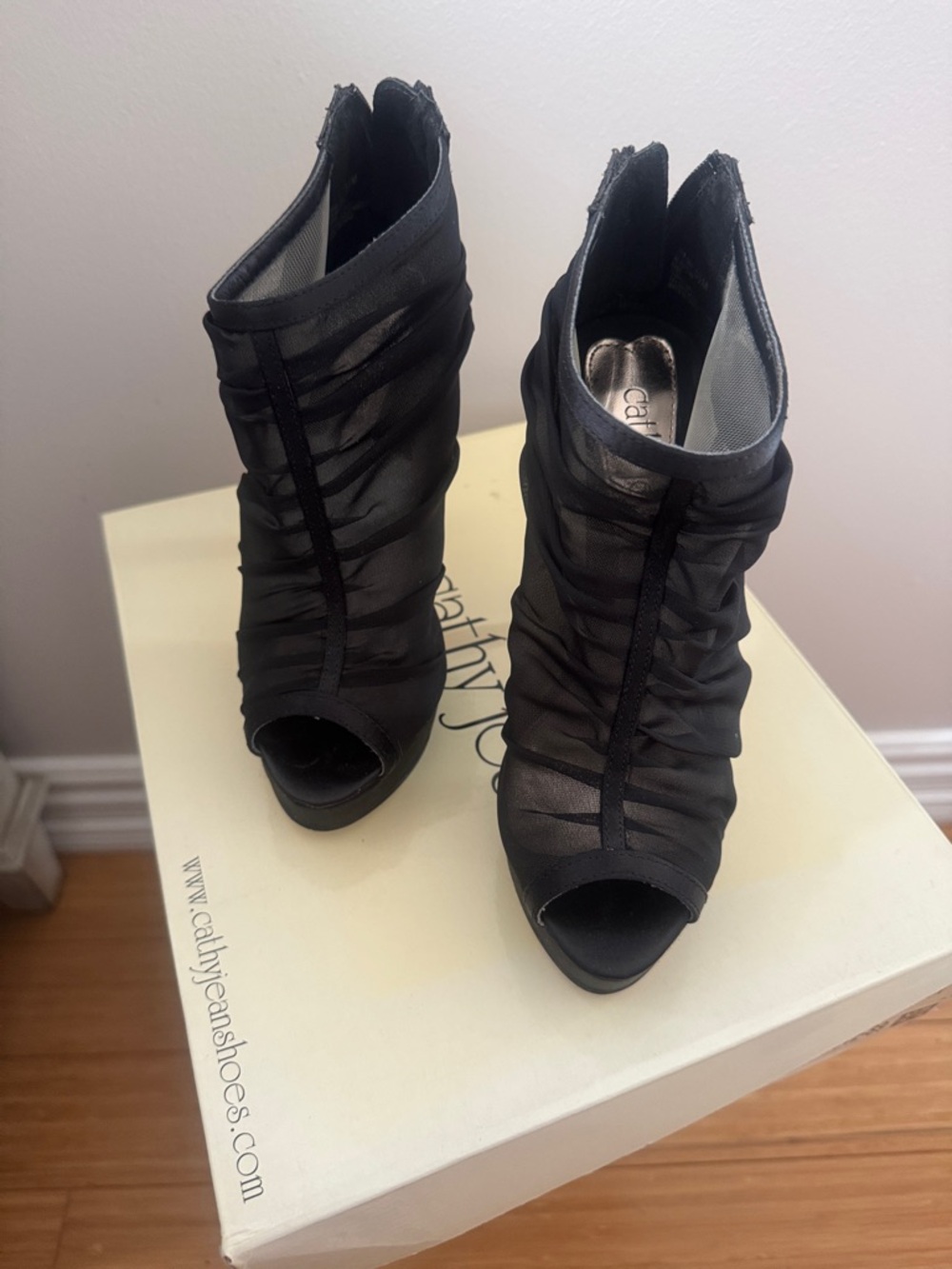 Black Ruched Peep-Toe Heeled Booties - Picture 2 of 9
